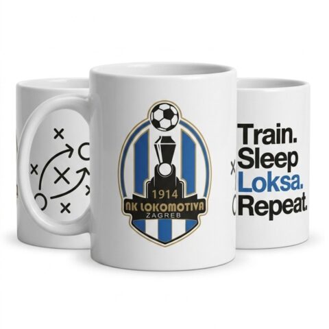 Keramička šalica NK Lokomotiva – "Train. Sleep. Loksa. Repeat."